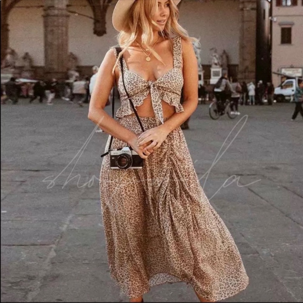 Boho leopard print maxi skirt tiered cinch - Picture 1 of 8